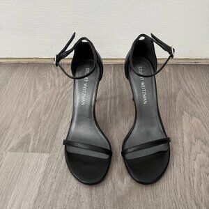 Stuart Weitzman 7 Black Leather Nudist” Heels Shoes